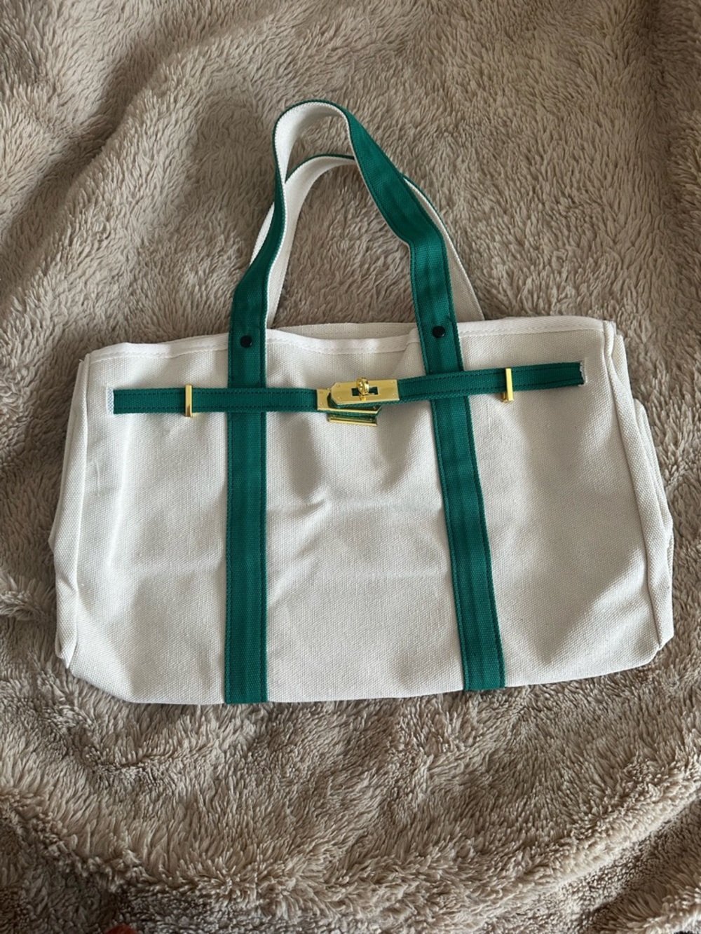 White Canvas Tote Bag with Green Straps and Gold Hardware